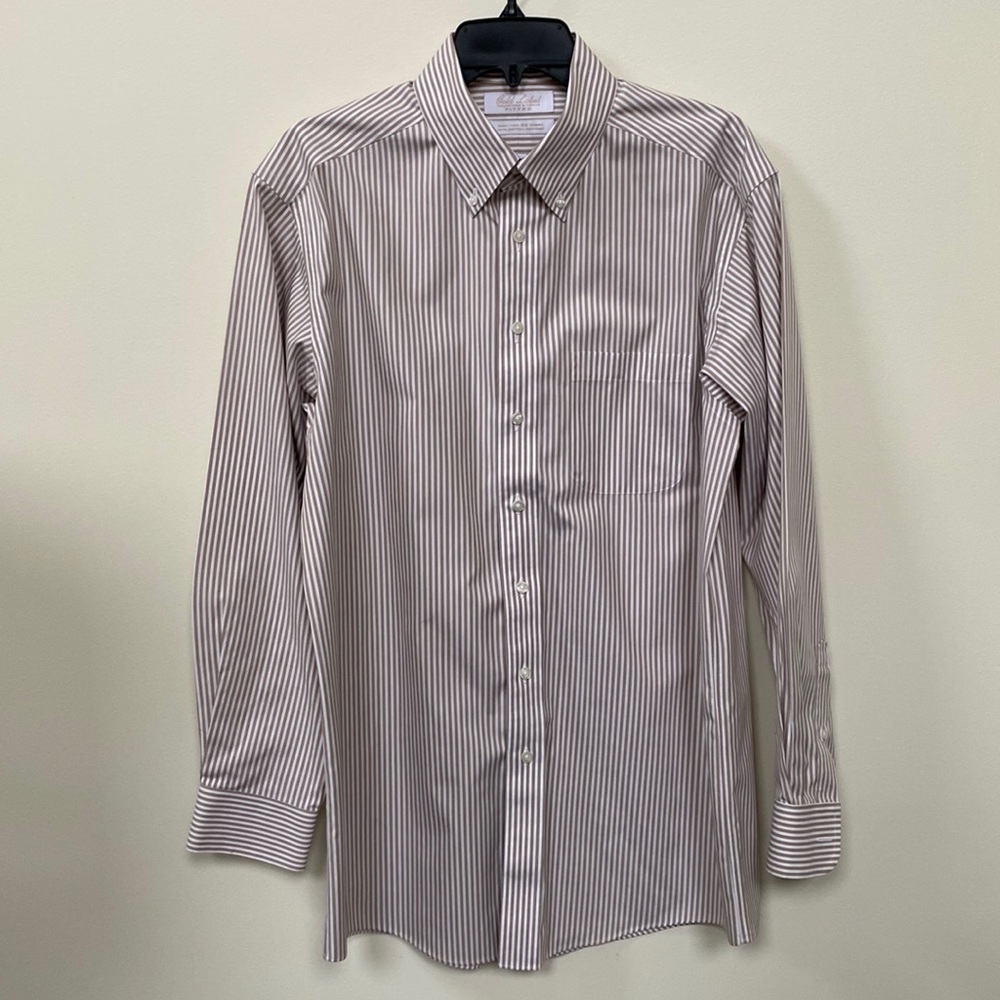 EUC Men’s Roundtree & Yorke Gold Label Fitted Tan & White Striped Shirt 16/34